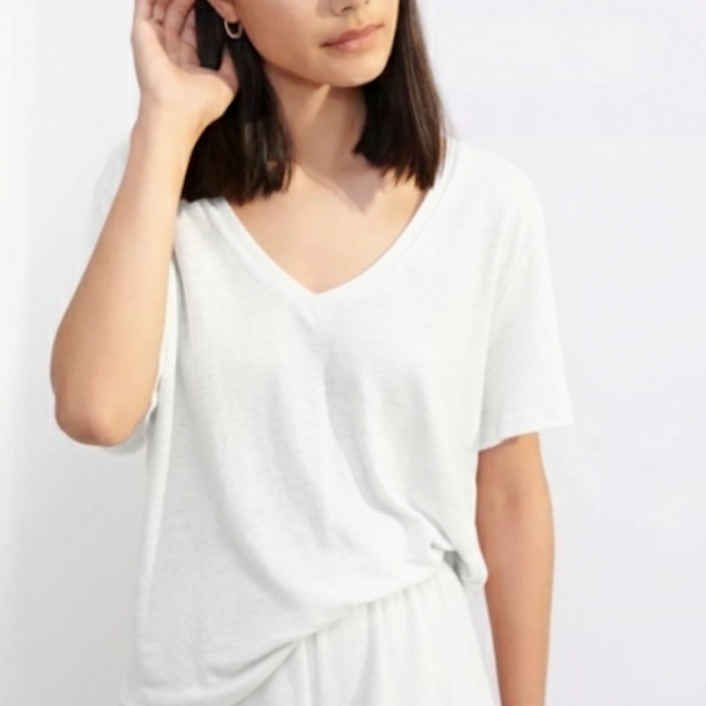 Lunya Linen Knit Deep V-Neck Easy Boxy white tee Shirt Size Small